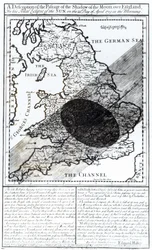 Um mapa mostrando a passagem da sombra da lua sobre a Inglaterra em 22 de abril de 1715, gravada por John Senex, 1715
